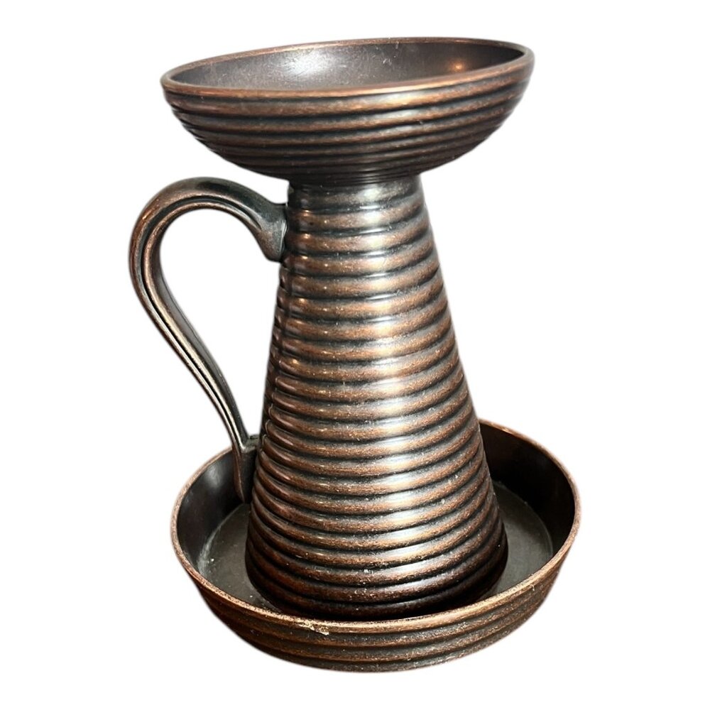 Bronze Copper Ribbed Candle Holder With Handle & Base Plate